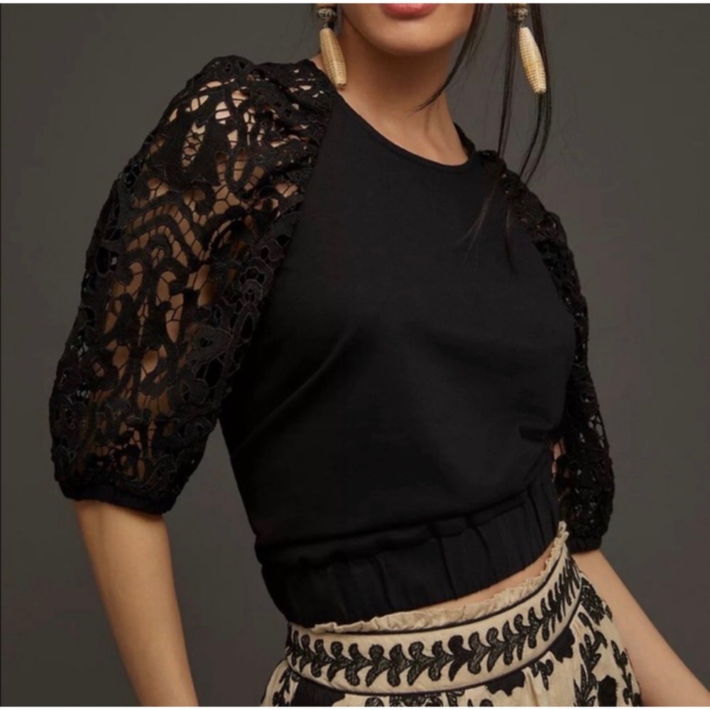Dolan Left Coast Collection Black Lace Puff Sleeve Smocked Hem Top Size M NWT
